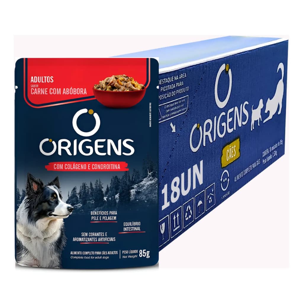 Sachê Origens Carne 85g 18un Ração Úmida Para Cães Adultos