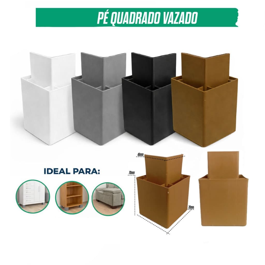 Kit 4/8/12/24 Pé Quadrado Vazado para Móveis Armário Pezinho Reforçado Estante
