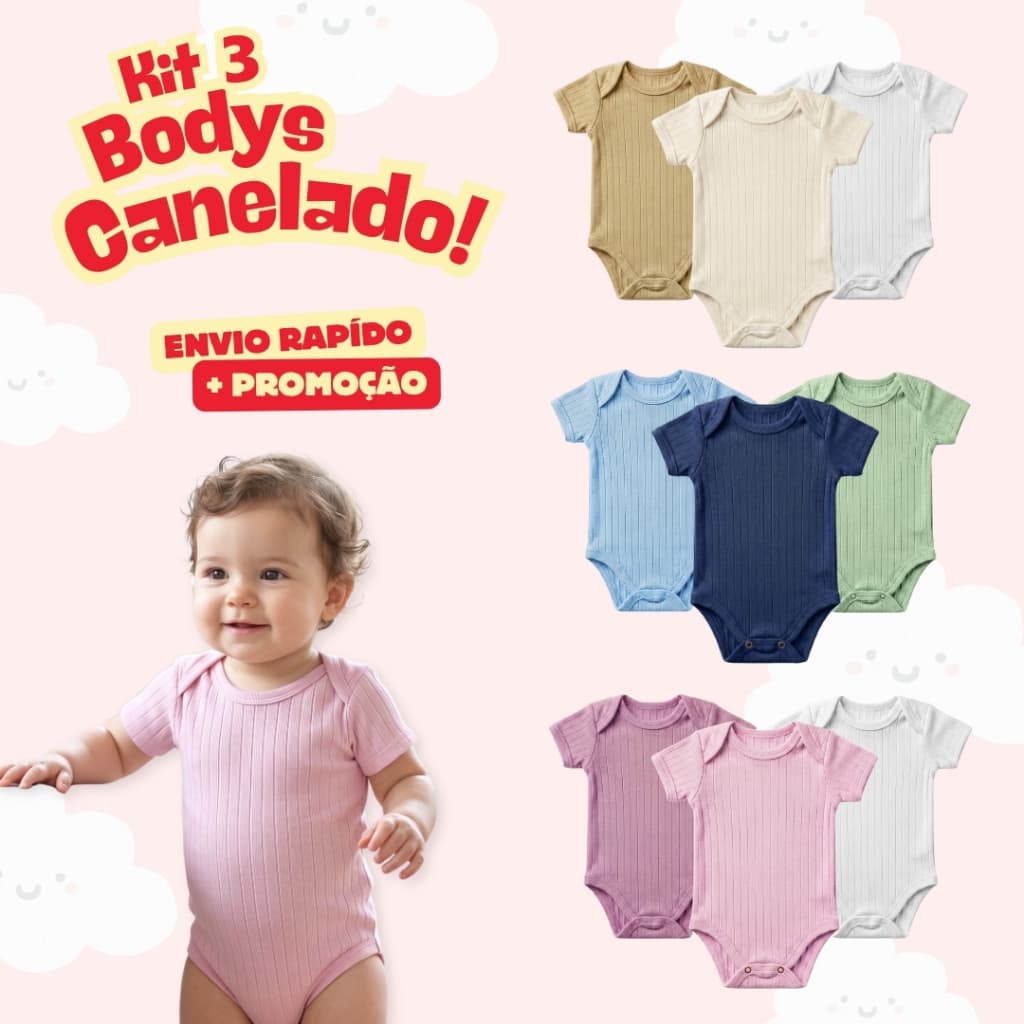 Kit 3 Bodys Bebê Manga Curta Canelado 100% Algodão Confortável Menino Menina Unissex (0-12 Meses)