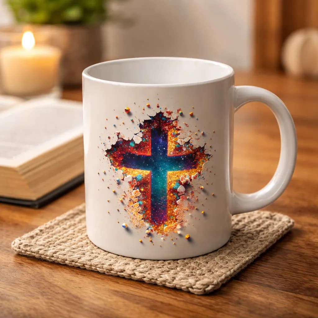 Caneca Cristã Porcelana 3D Deus Fé Amor Esperança