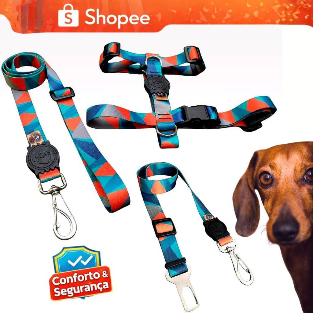 Kit Coleira H guia peitoral cachorro Com cinto de segurança universal para pet