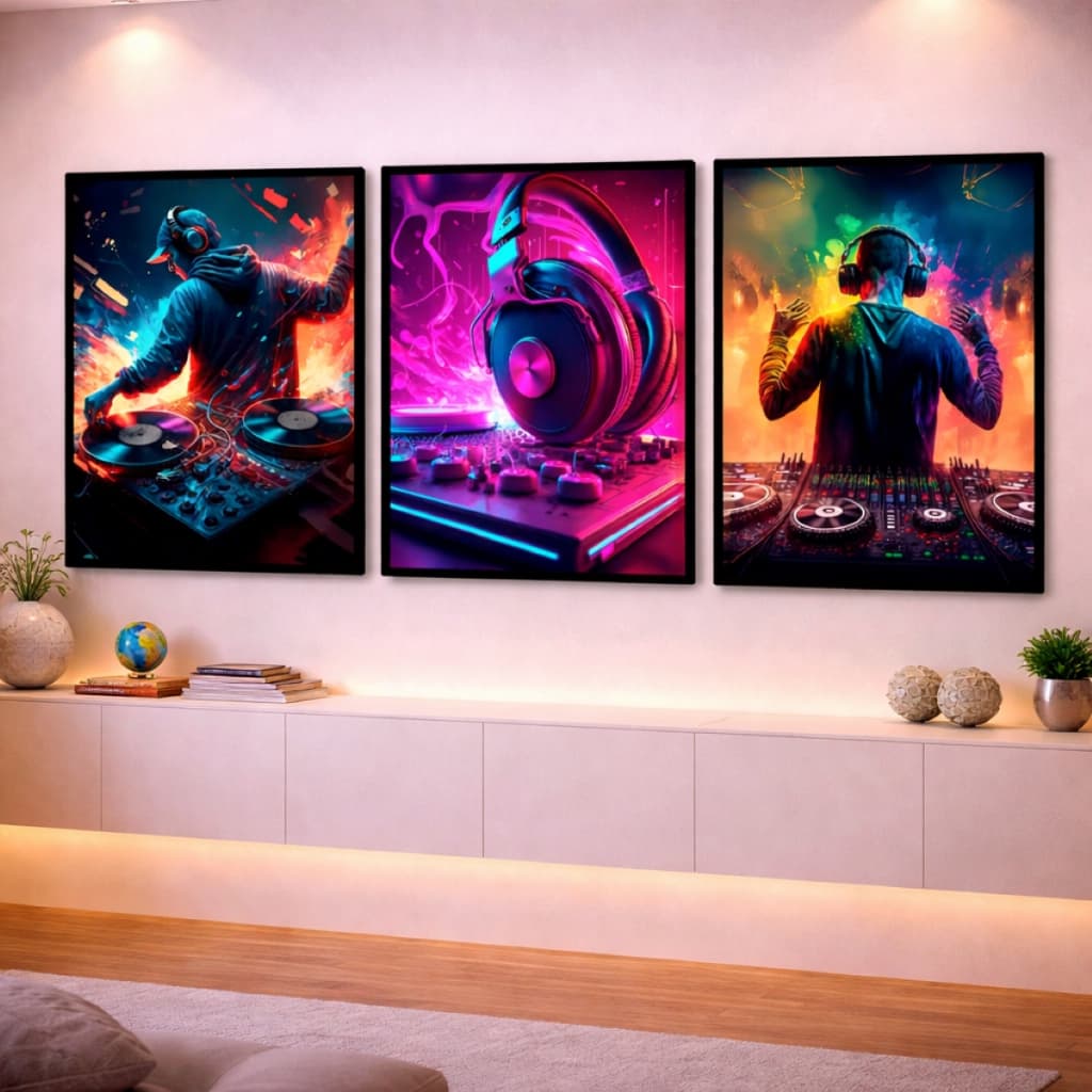 Quadro Decorativo Dj Fone Mesa Mixer Som Colorido 3 Peças