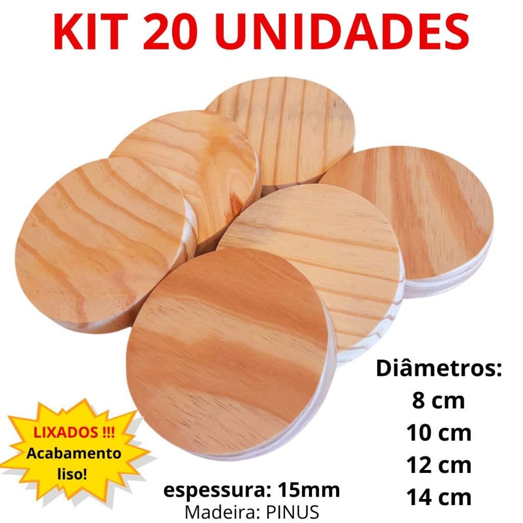 Kit 20 UN Placa base Redonda Bolacha Madeira Pinus 8 10 12 14 cm diametro
