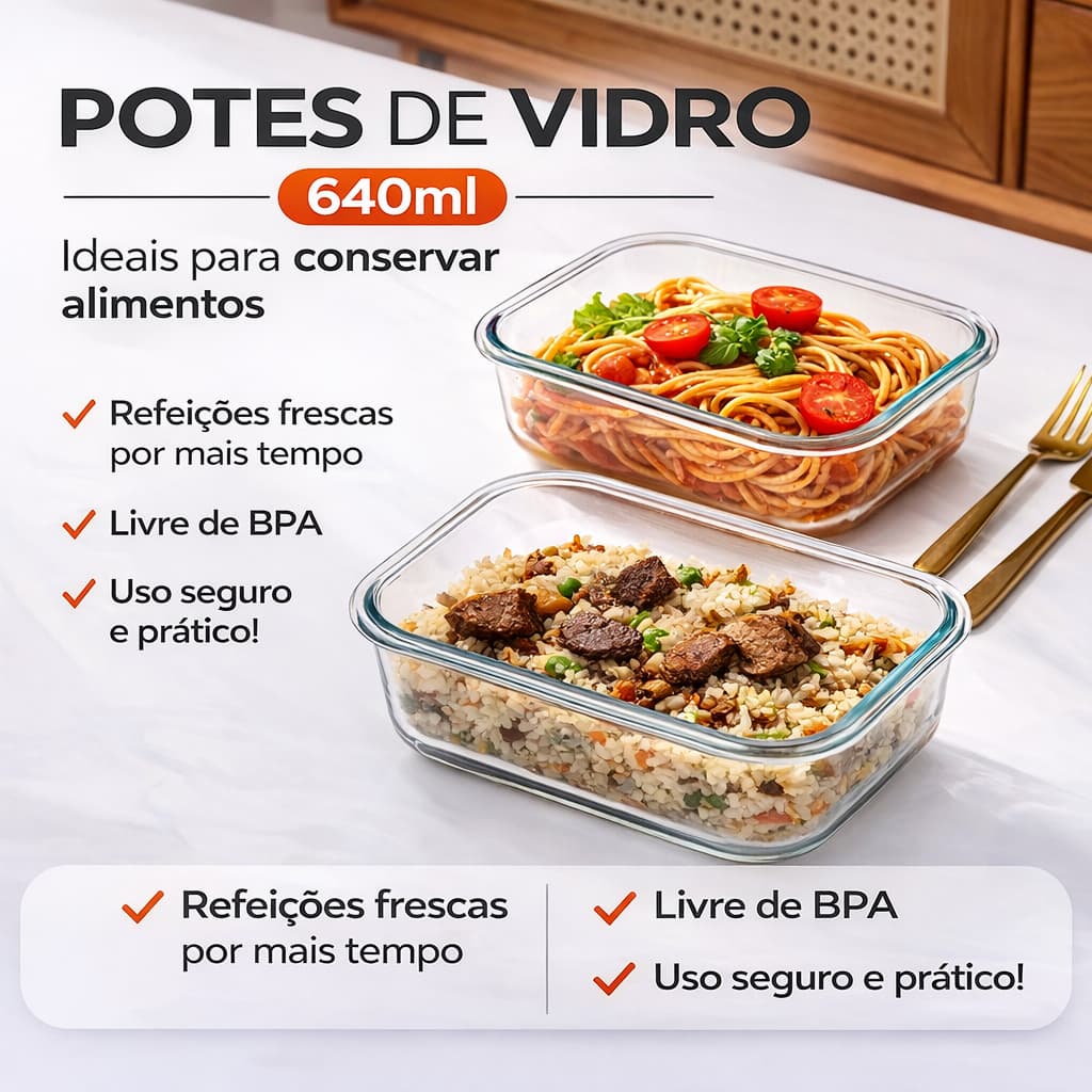 Kit 10 ou 5 Pote de Vidro 640ml Hermético Retangular 4 Travas Marmita Microondas