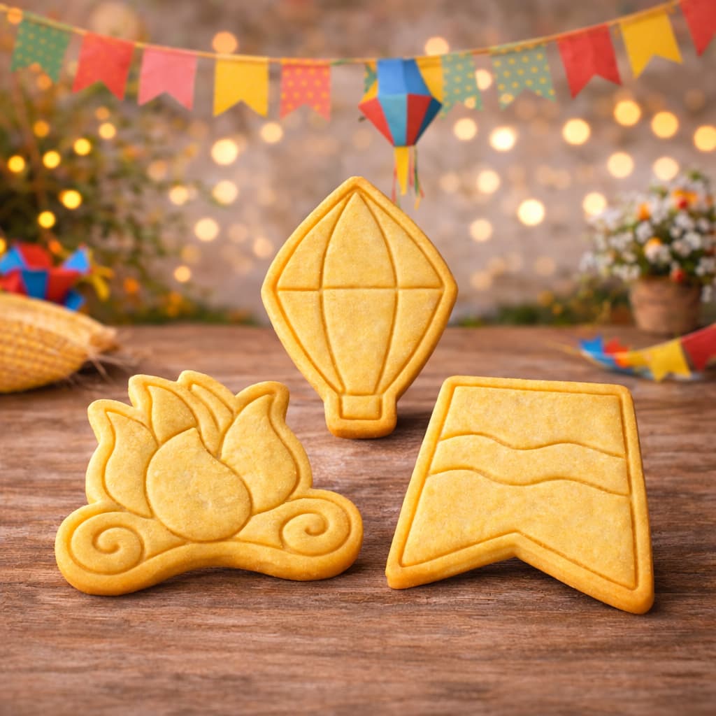 Kit 3 Peças Cortador e Marcador Festa Junina Bolacha Biscuit Pasta Americana Confeitaria Tema Festa Junina Carimbo