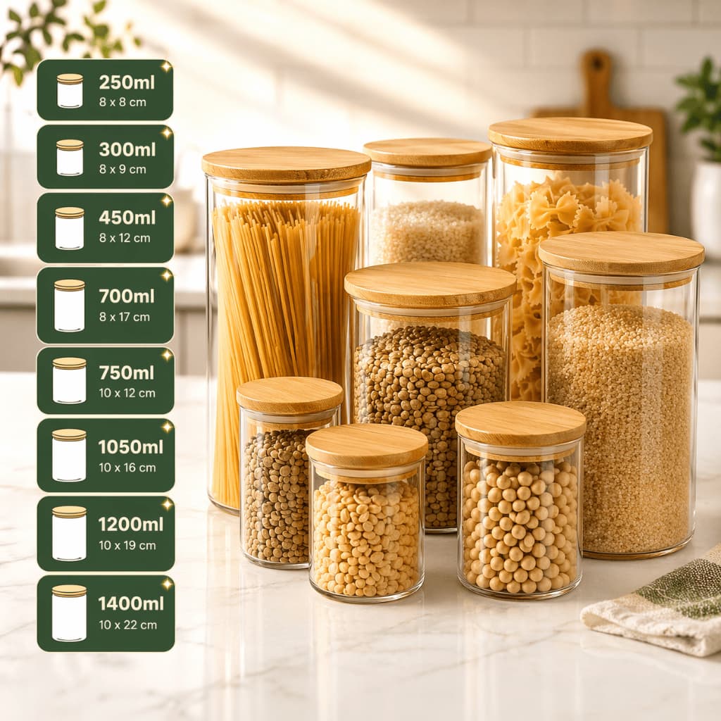 Kit 9 Potes Herméticos Porta Mantimentos de Vidro com Tampa de Bambu Diversos Tamanhos