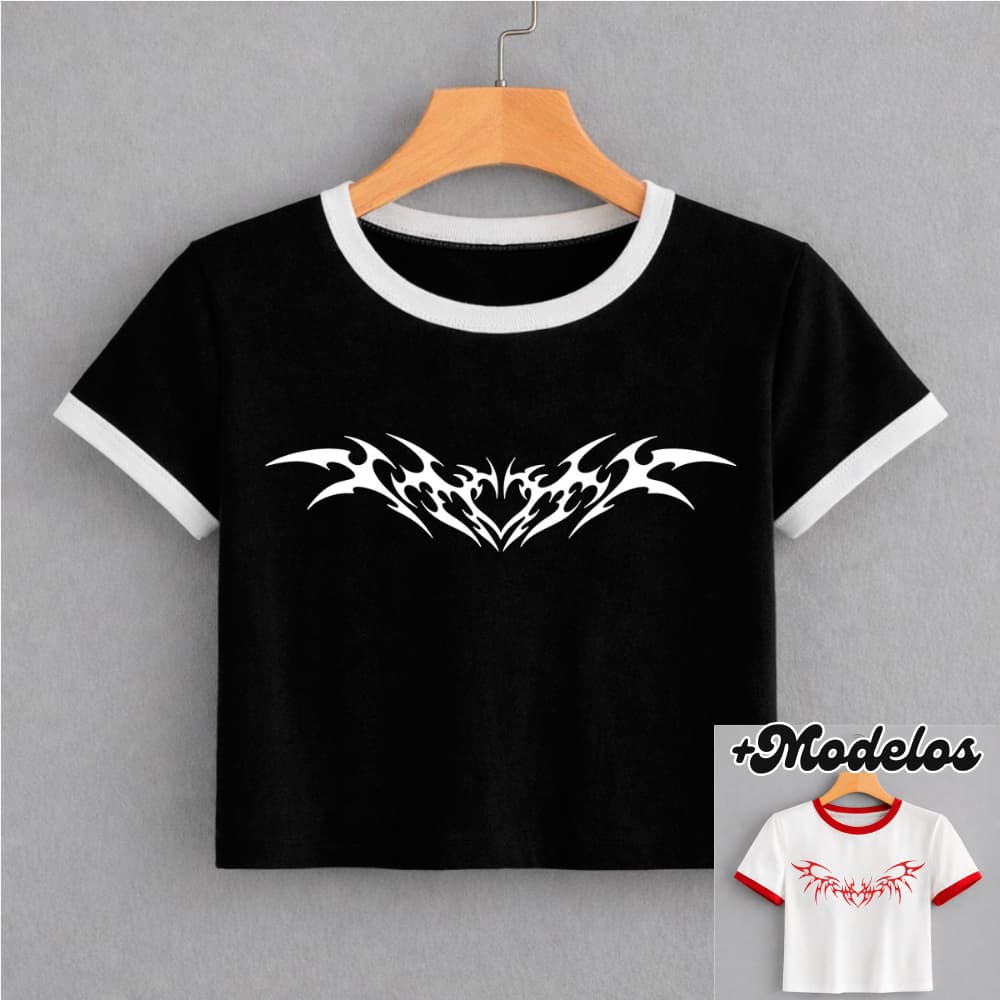 BABY TEE Feminina, Modelo CORAÇÃO TRIBAL, Cropped Camiseta - Estilo Alternativa Y2K Blogueira Streetwear Tumblr Gothic
