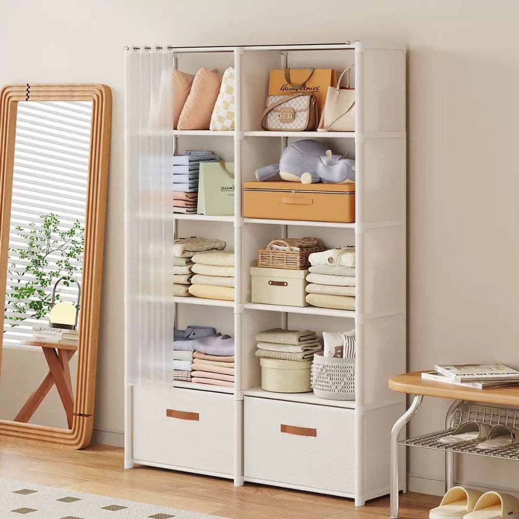 Guarda-Roupa Arara Com Cortina E 2 Gavetas Organizador Modular 5 Nichos Estante De Armazenamento Anti-Poeira