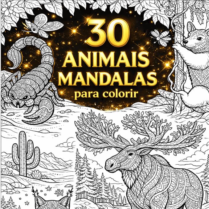 30  Desenhos Animais Mandalas para Colorir - TERAPIA E RELAXAMENTO Papel A4  ( 1 Desenho GRANDE por folha )