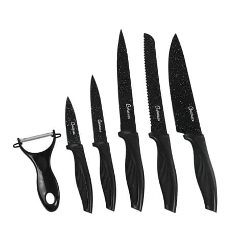 Jogo de faca preta decorada para cozinha ou churrasco com 6 peças e descascador de legumes - facas chef pão kit conjunto