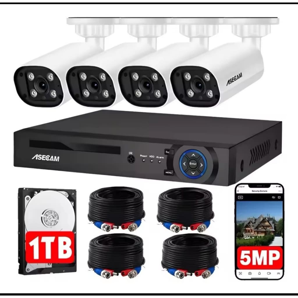 ASECAM Kit 4 Câmeras de Segurança 5MP Áudio DVR 8 Canais 1TB XMeye Com Reconhecimento Facial/Detecção Veículos e Pedestr