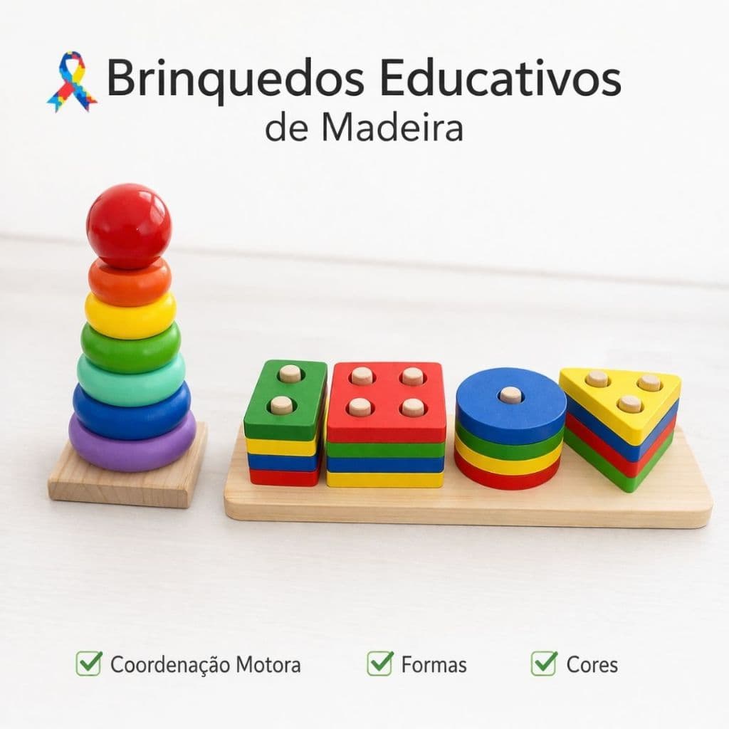 Brinquedo Montessori de Madeira Educativo Infantil com Torre de Argolas e Encaixes Colorido