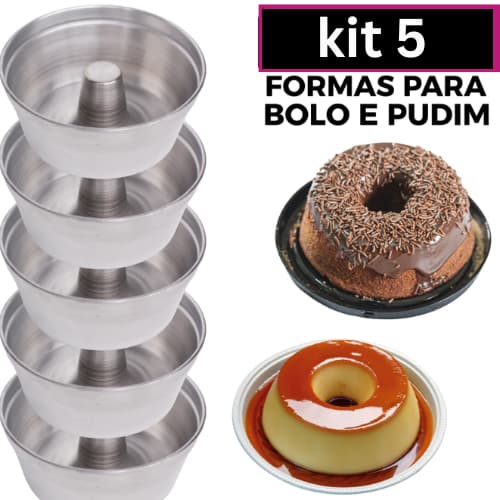 Forma de bolo pudim N12 kit com 5 redonda em alumínio com buraco no centro Kit 5 Forma De Bolo Pudim