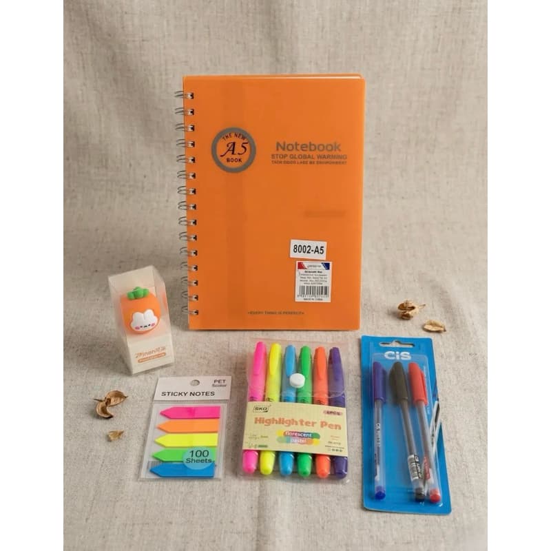 Kit Papelaria Office & Estudos Orange - Completo Com 5 Itens
