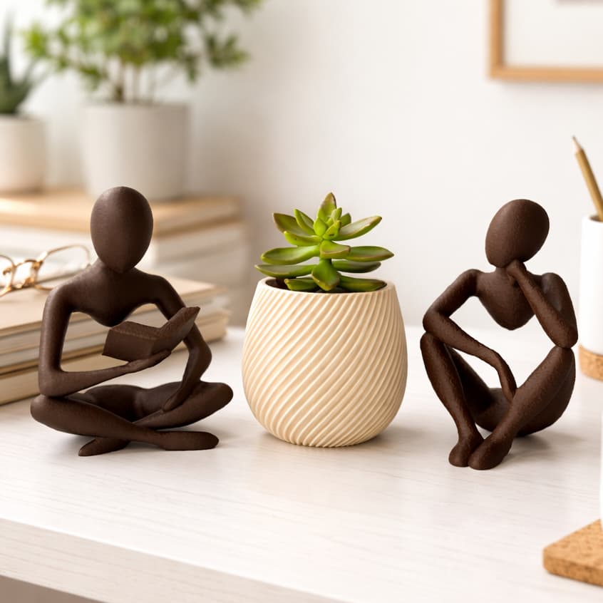 Kit Decoração com 2 Estátuas (Leitor e Pensador) + Vaso Espiral com Suculenta 13,5cm e 8cm Marrom/Bege/Branco/Preto