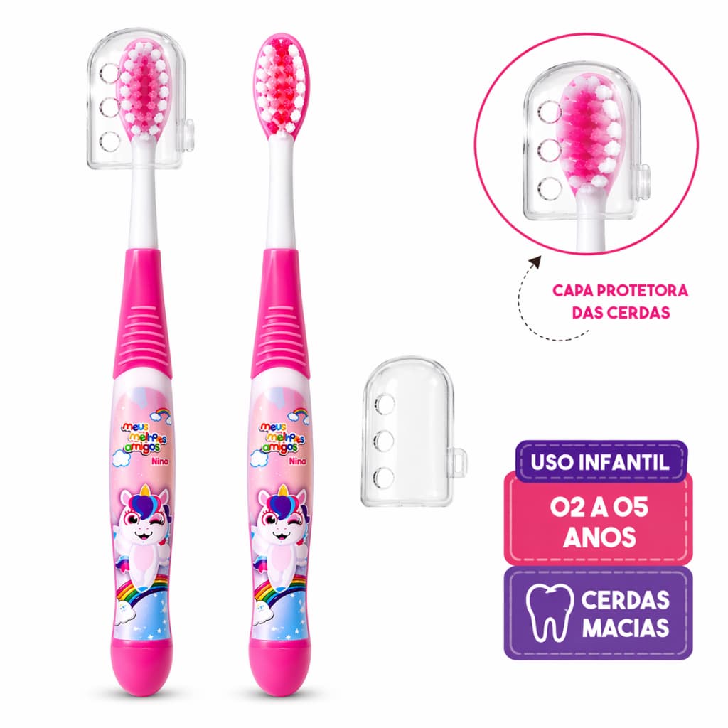 Kit 2 Escovas Infantil Macia Unicornio Com Capa Protetora