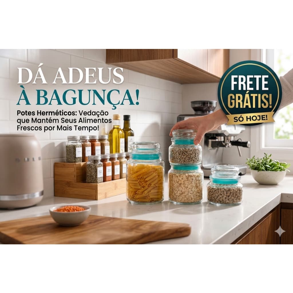 Jogo 3 Potes de Vidro Hermético com Tampa Organização Cozinha Mantimentos Bolachas Grãos Luxo Promoção
