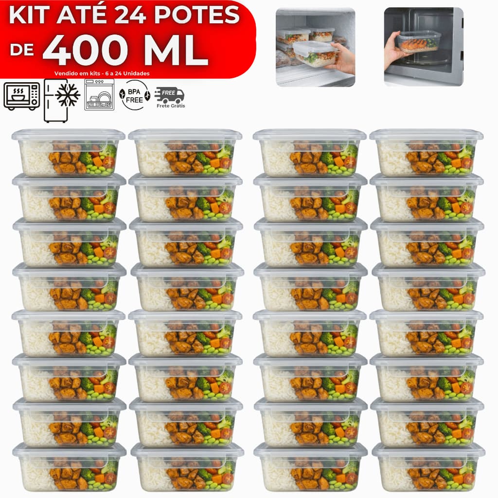 Kit até 24 Potes 400ml Pote Com Tampa 4 Travas Alta Vedação Não Vaza Marmitas Fitness Saladas