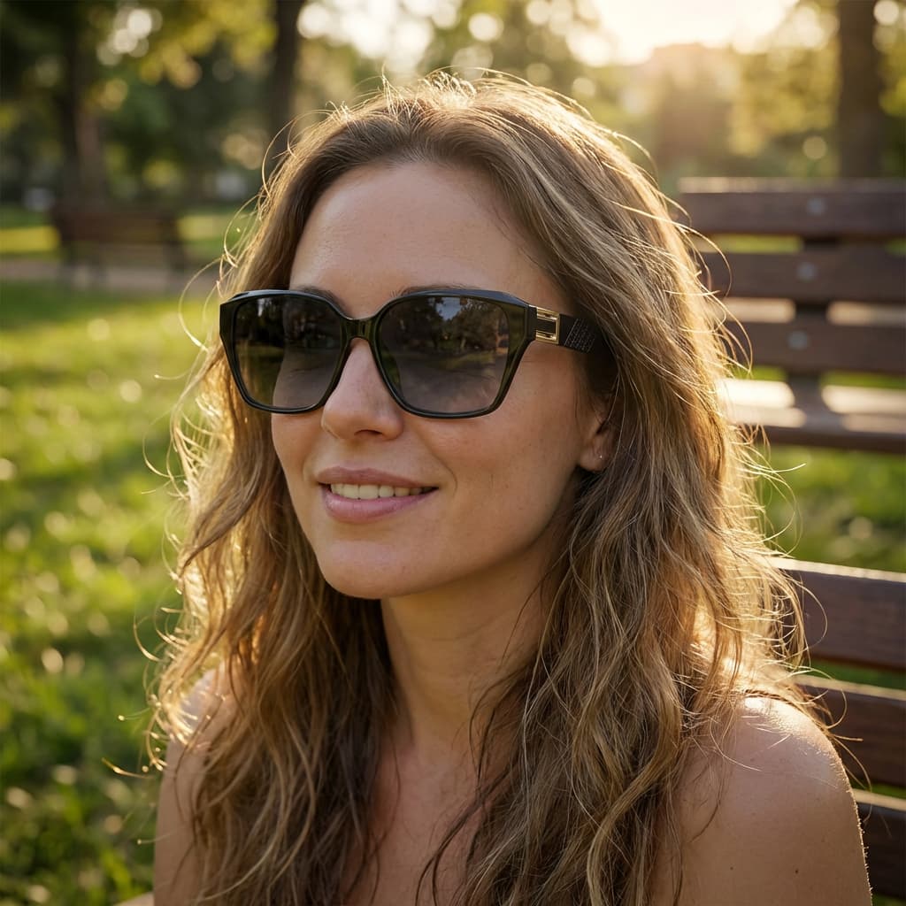 Óculos de Sol Feminino Preto Com Dourado Luxo Polarizado Proteção UV400 Formato Quadrado Moderno Village Heaven 6475