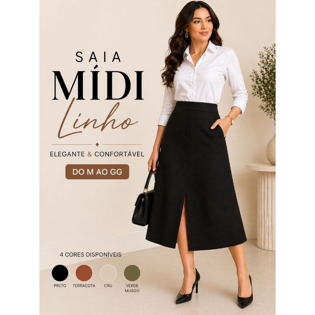 Saia Midi Linho Feminina Elegante Social Para Trabalho Com Bolso E Fenda Frontal Elástico Atrás Moda 2026 M ao GG