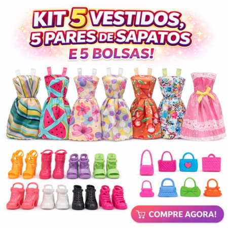 Kit Fashion para Boneca, Roupas + Sapatos + Bolsas - 15 Peças