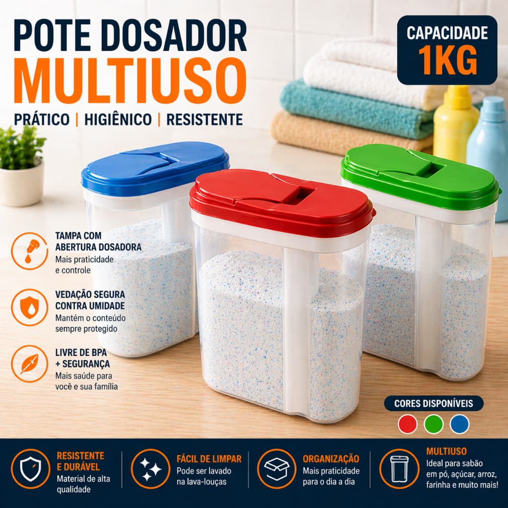 Porta Sabão em Pó 1kg Pote com Tampa Direcionadora Para Lavanderia Armario Plastico Alta Qualidade