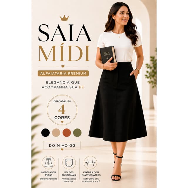 Saia Midi Alfaiataria Feminina Cintura Alta Com Elástico Atrás e Bolso Frontal Moda Evangélica e Modesta Do M ao GG