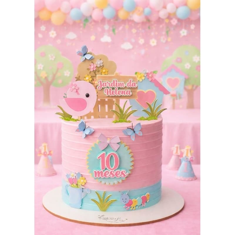 Topo de Bolo Jardim Encantado Personalizado – Passarinho, Borboletas e Flores | Mesversário / Aniversário Infantil