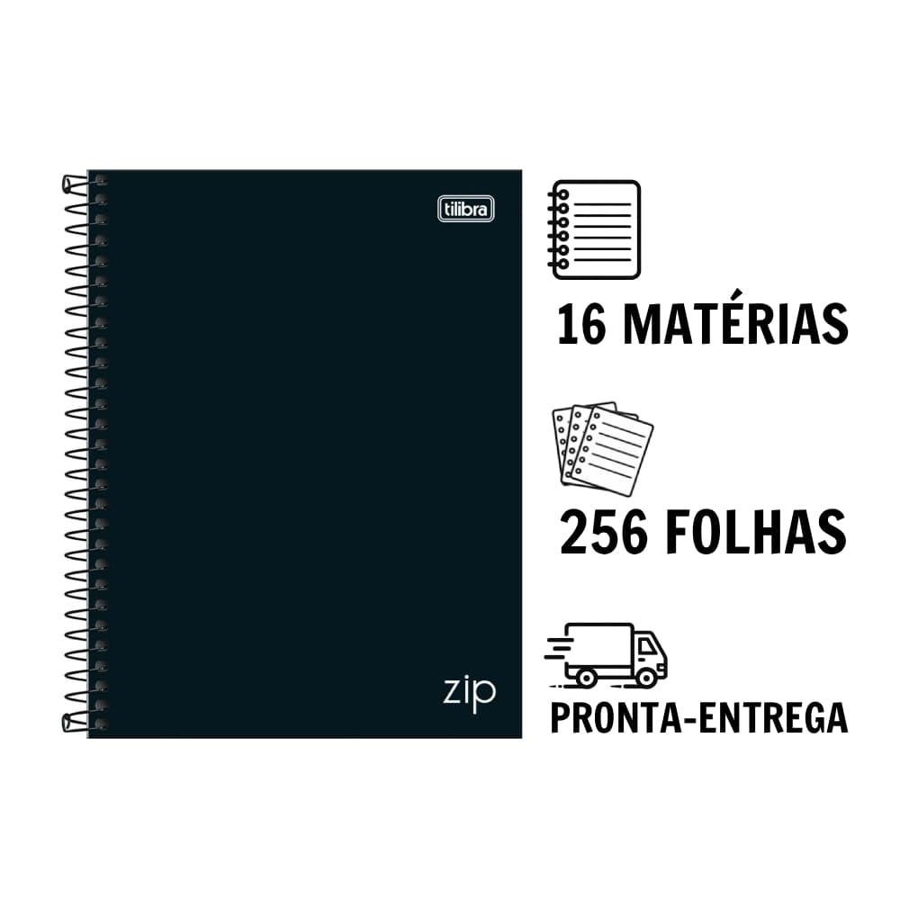 Caderno ZIP Preto Espiral 16 Matérias Universitário Tilibra 256 Folhas