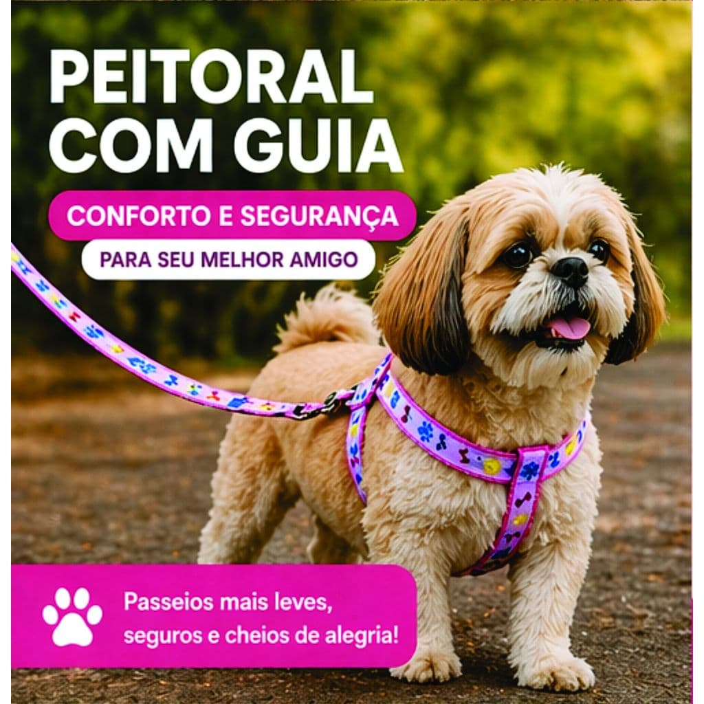 COLEIRA PEITORAL Rosa com detalhes estampados + GUIA CÃES PORTE PEQUENO E GATOS