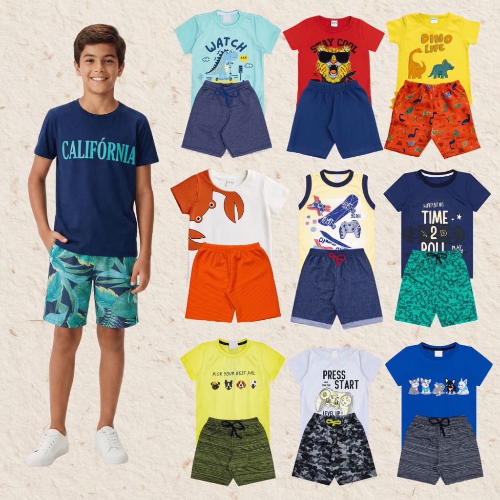 Kit 4, 8 ou 12 Peças Roupa Infantil Masculina Conjunto Verão Menino Confortável Algodão Tam 1 Ao 12