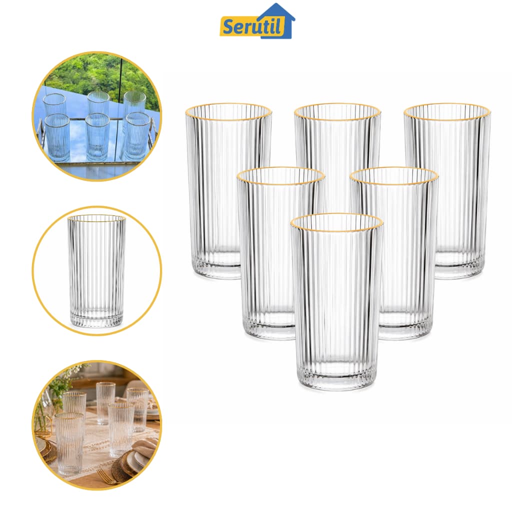 Jogo 6 Copos Vidro 420ml Borda Dourada Sofisticado Copo Alto Mesa Posta Suco Água Resistente