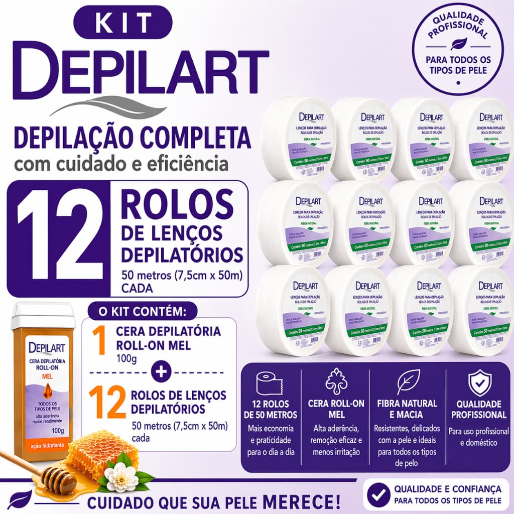 12 Rolos de 50m Papel Depilação Depilart Fibra Natural Branca 7cmX50m Profissional + 1 Roll On de Mel 100g