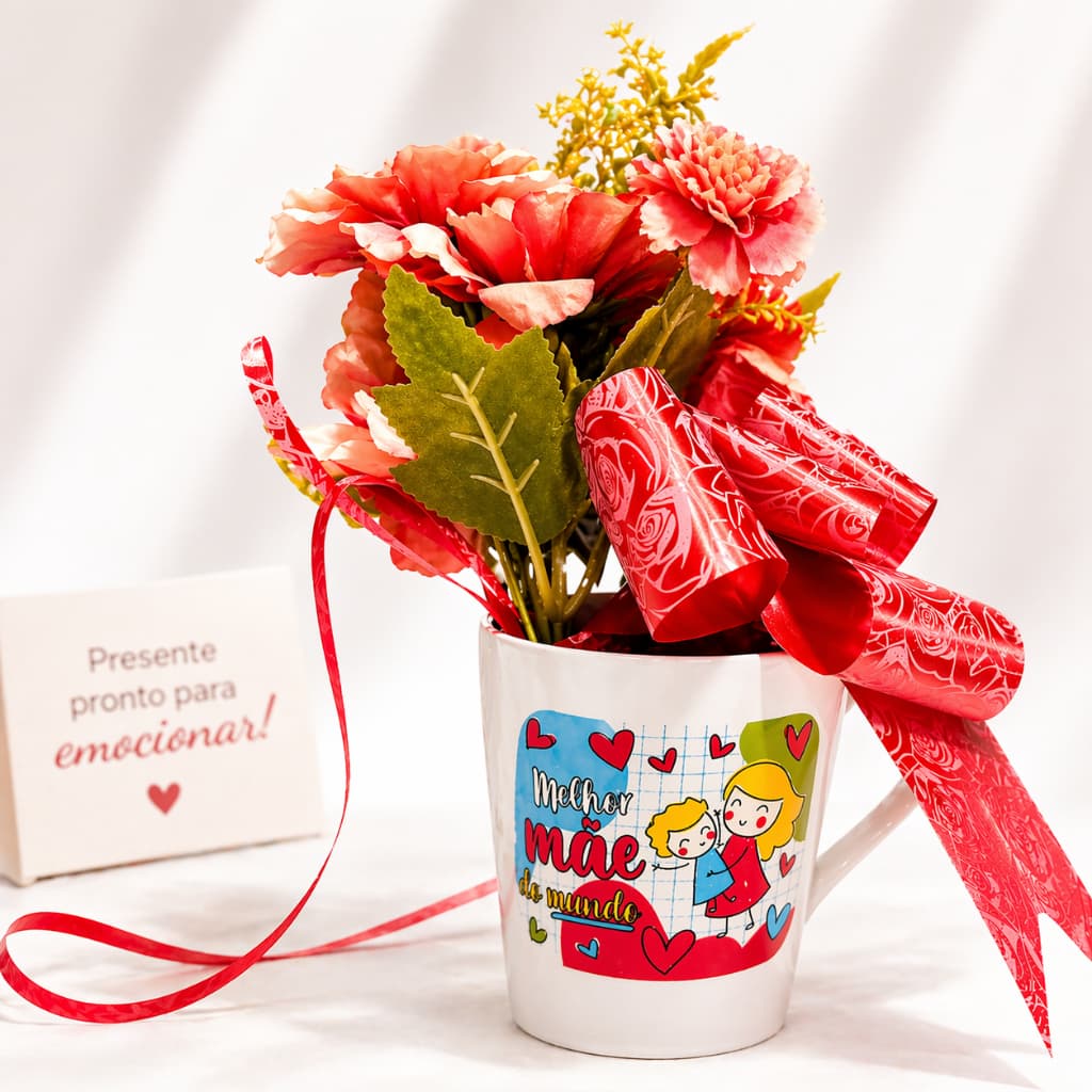 Presente Dia das Mães Caneca com Flores + Laço Pronto (Entrega Rápida)