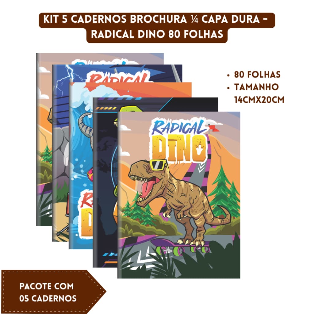 Kit 5 Cadernos Brochura 1/4 Capa Dura 80 Folhas Radical Dino 3B Cadernos