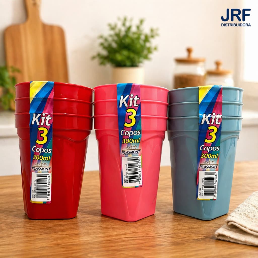Kit 3 Copos Plásticos 300ml Plasmont Resistentes Copo Reutilizável para Água Suco e Bebidas
