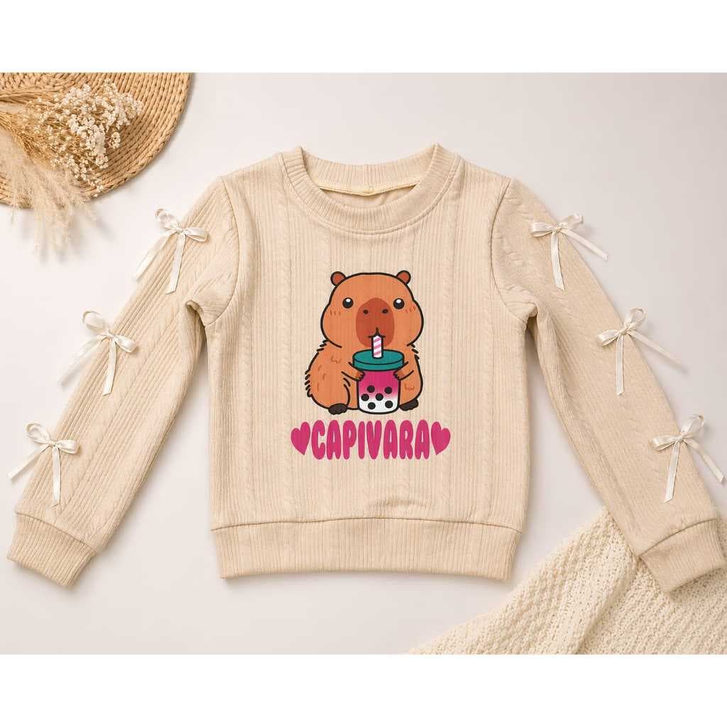 blusa manga longa Capivara con lacinhos elegante infantil  menina moda inverno