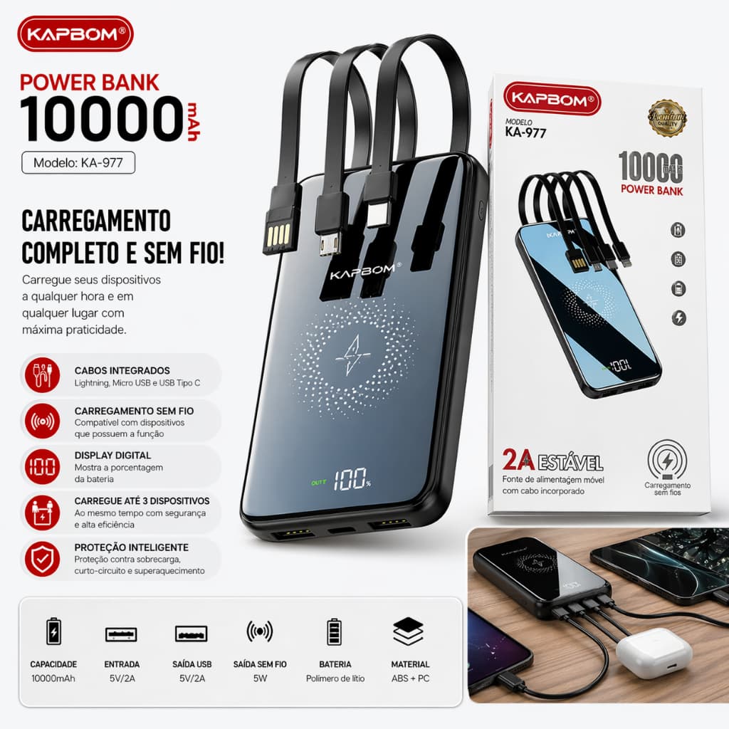 Carregador portatil  Carregador PowerBank Portátil KA-9565 | Carregador Celular USB Rápido, Bateria Externa
