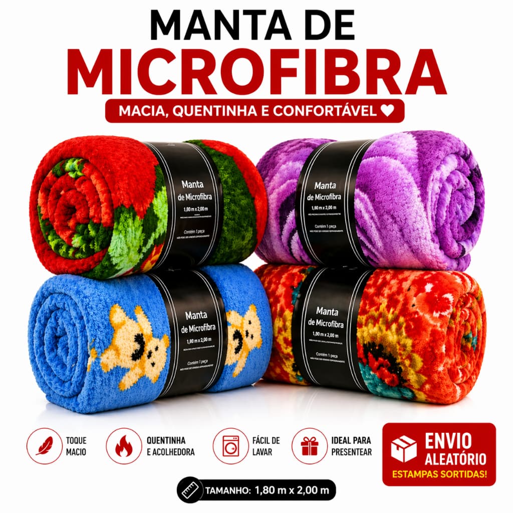 Manta Cobertor Microfibra Casal 1,80x2,00 Macia Quentinha Envio Aleatório