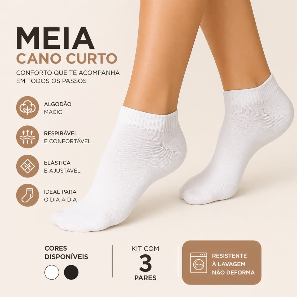 Kit até 12 Pares Meia Cano Curto Algodão Masculino e Feminino