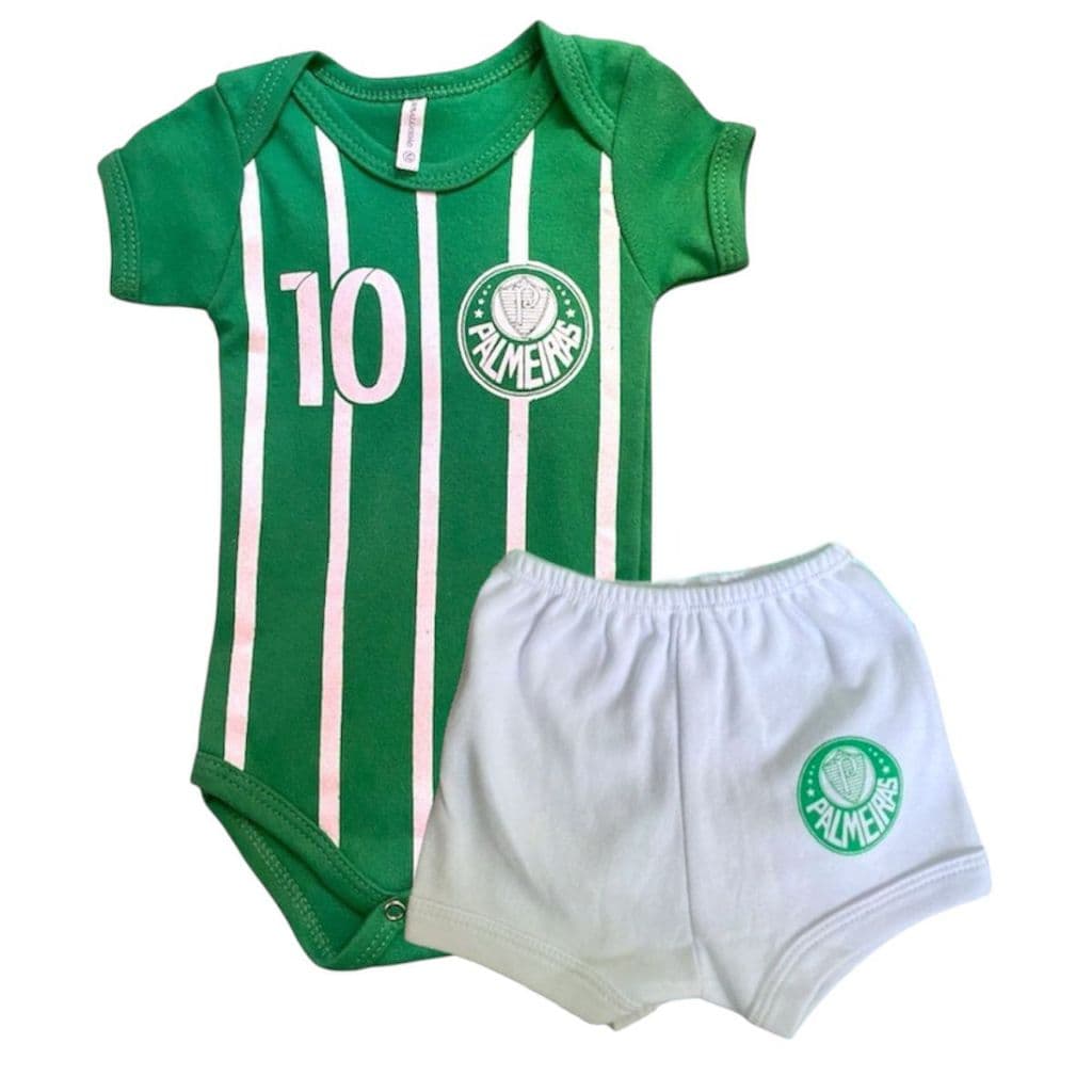 Kit Body Bebê Palmeiras + Shorts Temático Futebol Menino Menina Mesversário