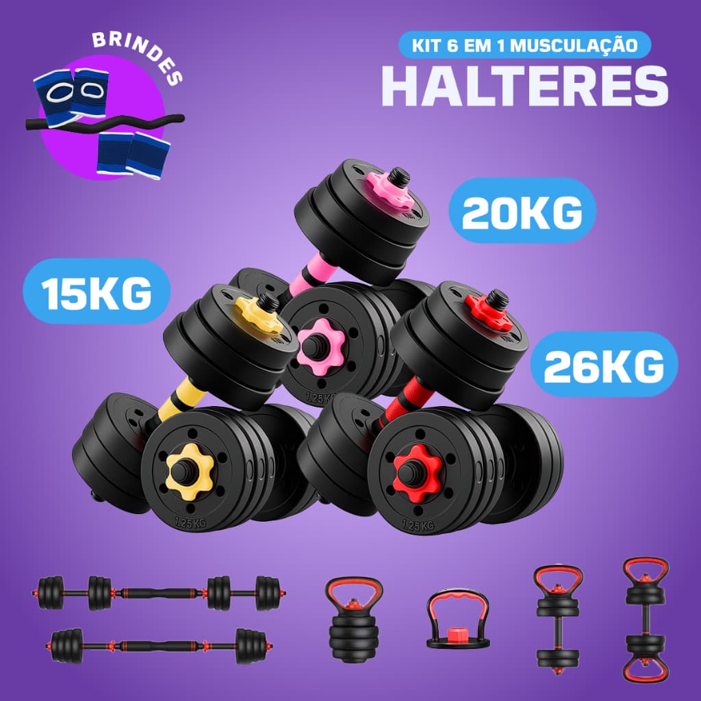 【15KG/20KG/26KG】Kit Halteres 6 Em 1 15/20/26Kg Musculação  Ajustável Kettlebell Barra Anilha