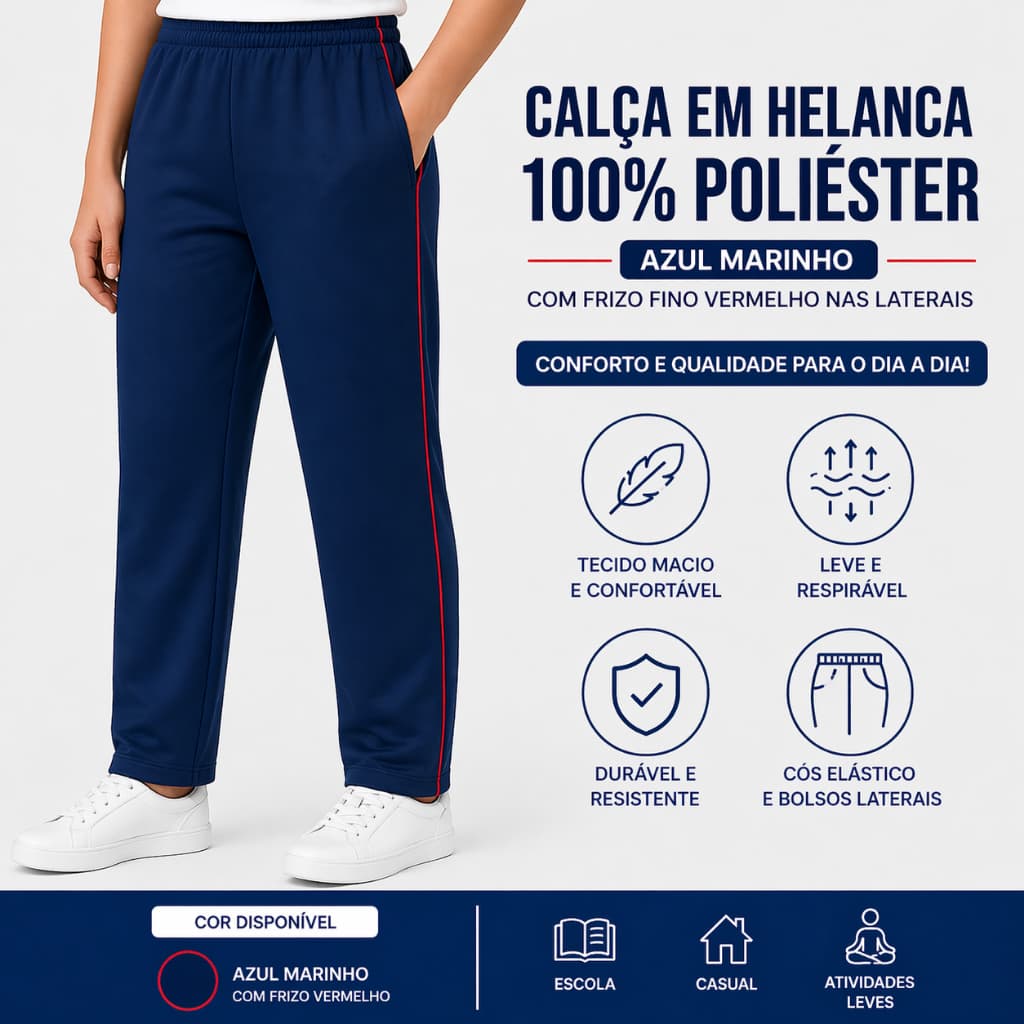 Calça Helanca Azul Marinho | 100% Poliéster | Confortável | Esportiva | Escolar