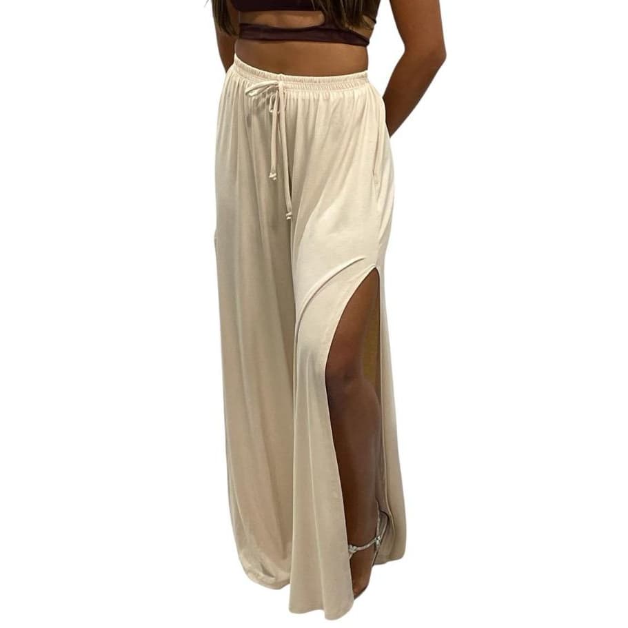 Calça Pantalona Feminina Cintura Alta com Fenda Lateral de Malha Premium Tecido Leve Soltinho