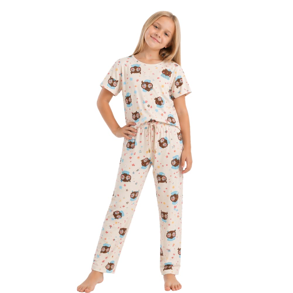 Kit 2 Pijama Infantil Feminino Suede Premium Estampado — Manga Curta e Calça Longa Pijama / Confortável