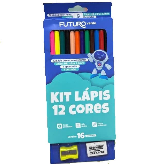 Lápis De Cor Futuro 12 Cores Sextavado Reciclado Com Kit Escolar - Futuro Escolar