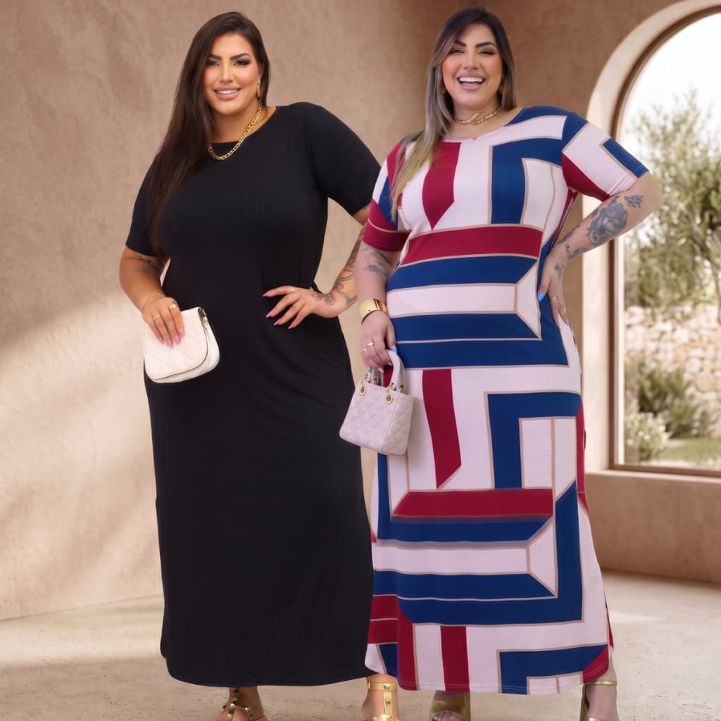 Kit 2 Vestidos Longos Evangélico Plus Size Curve Veste Até 60 Moda vestido evangélico curvy sise