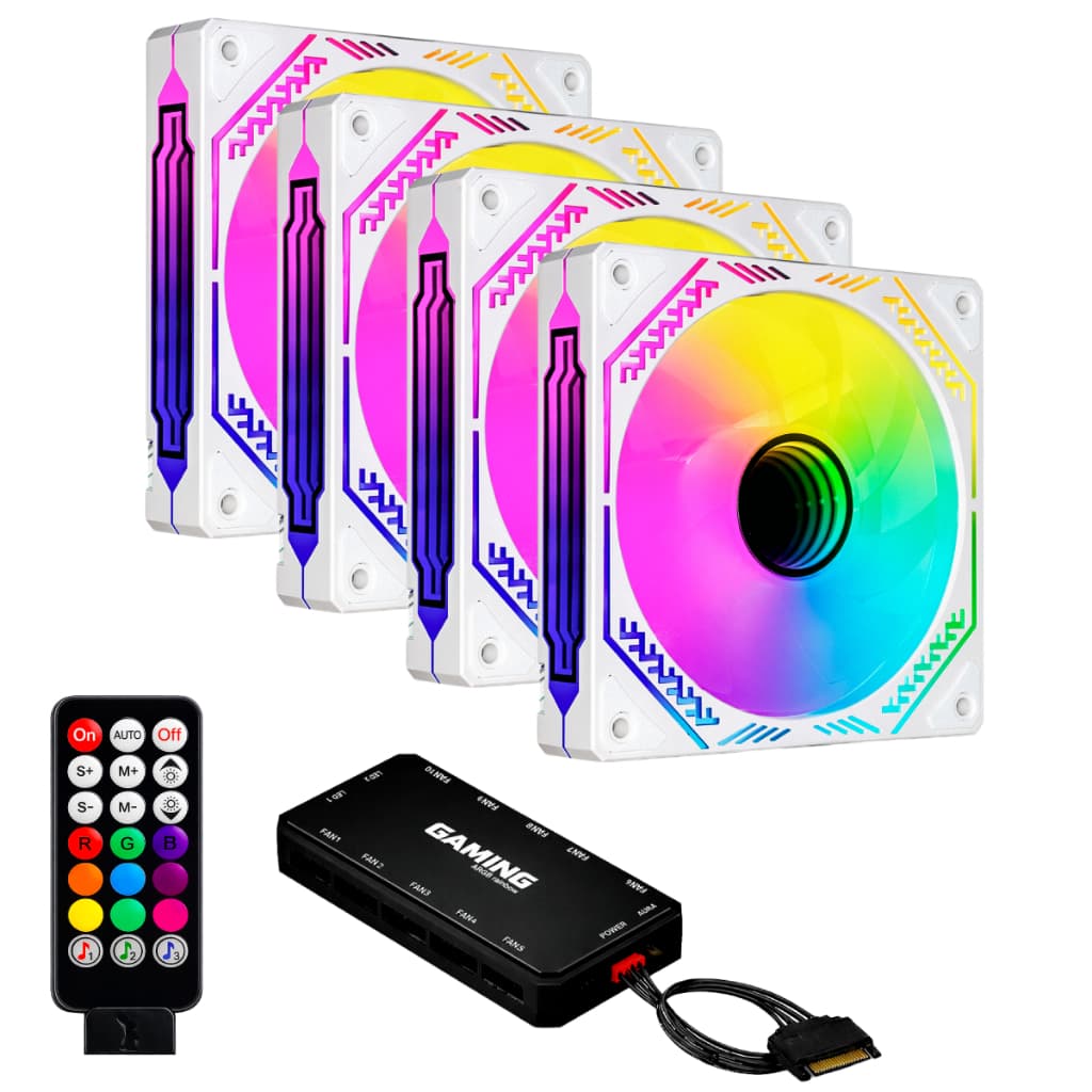 Kit 4 Fans Cooler Ventoinhas Brancas Aura White Infinity ARGB Pc Gamer C/ Controladora Hub Preto