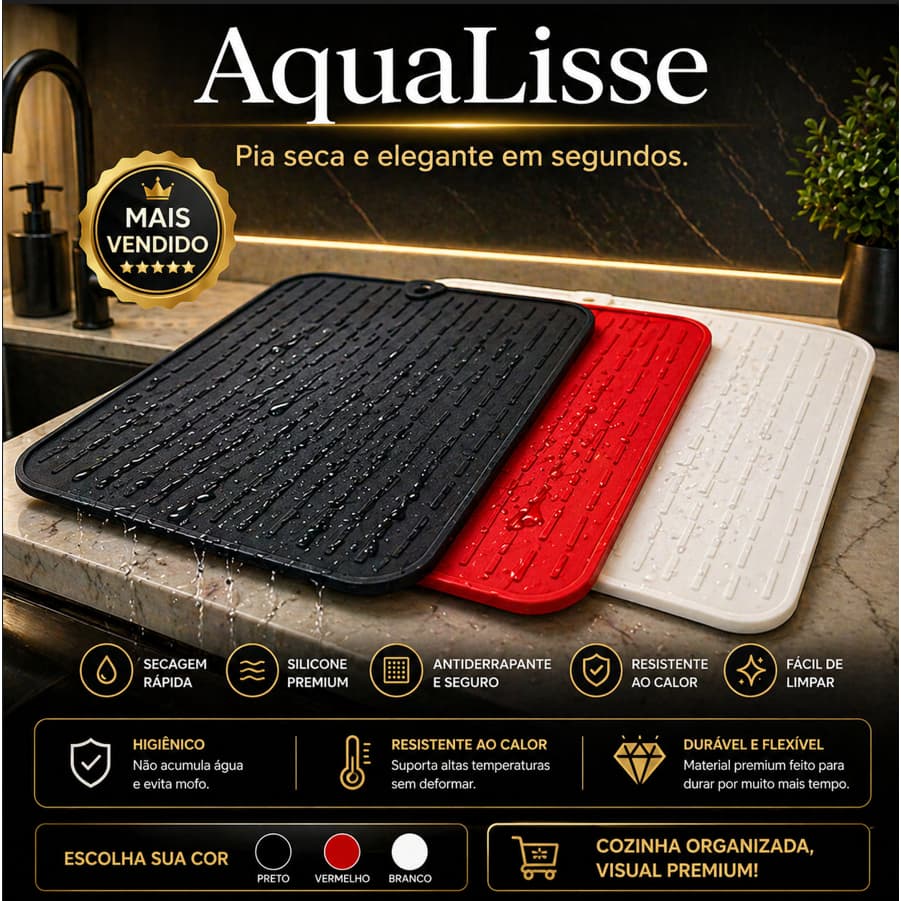 Tapete Escorredor de Louça Silicone 40cm AquaLisse Flexível Antiderrapante Secagem Pia Cozinha