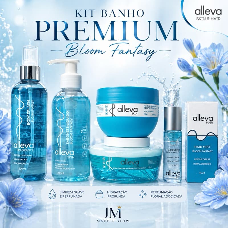 body splash + Geleia + manteiga + Sabonete Líquido + p. capilar Banho Premium Alleva – Bloom Fantasy